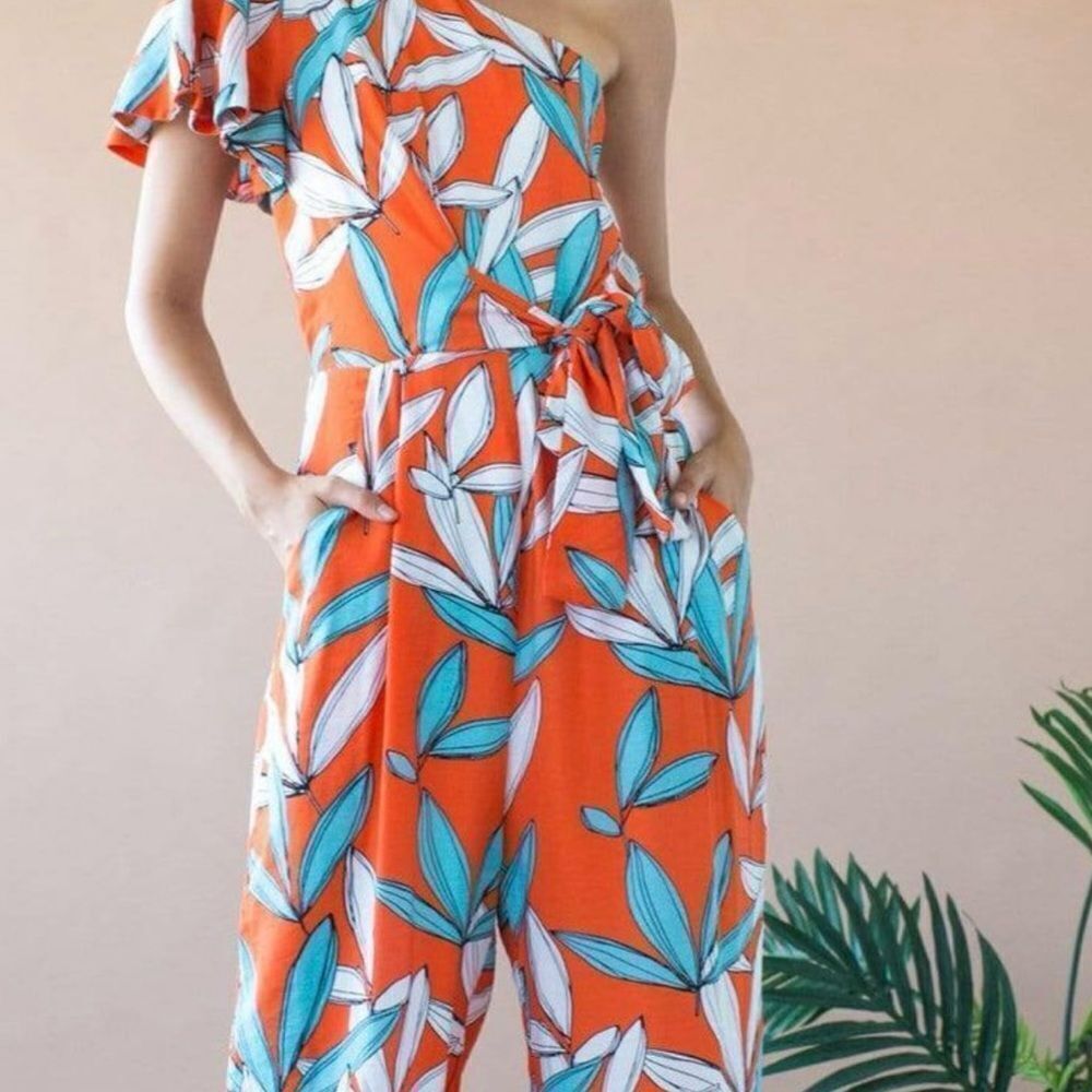 Coconinno Amir One Shoulder Jumpsuit With Flutter Sleeve and Pockets- Rio Flora